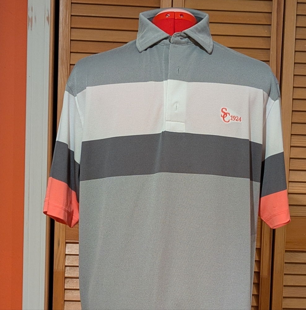 Men's Striped Polo Shirt - Gray, White, and Coral